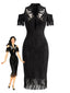 Robe crayon noire florale et franges Années 1970