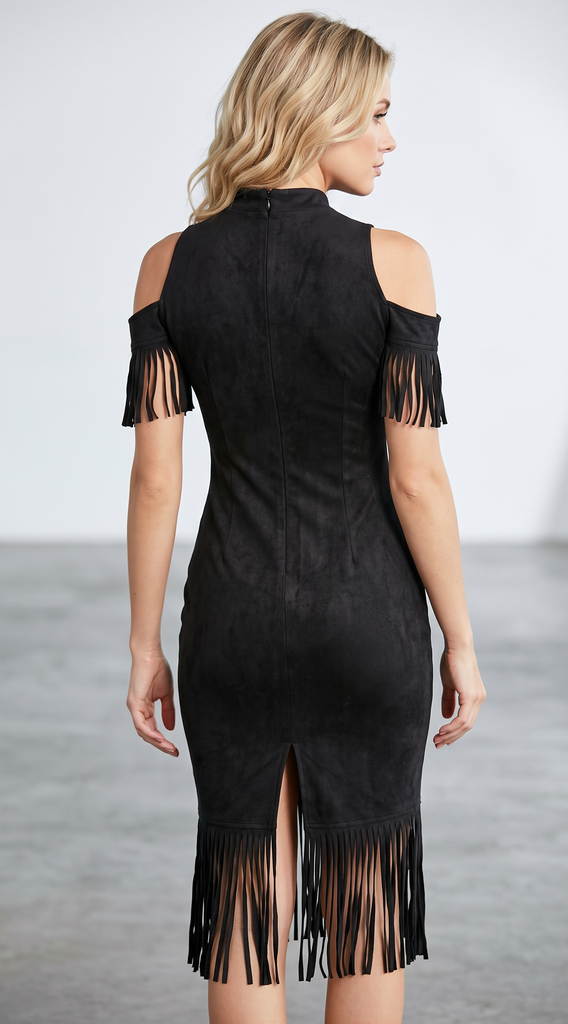 Robe crayon noire florale et franges Années 1970