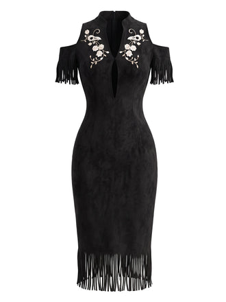 Robe crayon noire florale brodée à épaules dénudées et franges Années 1970