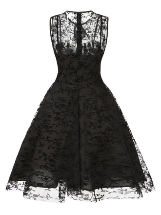 Robe en résille floquée florale sans manches à décolleté goutte d’eau années 1950