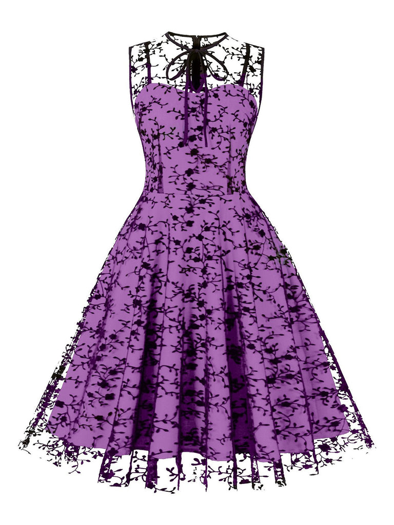 Robe en résille floquée florale sans manches à décolleté goutte d’eau années 1950