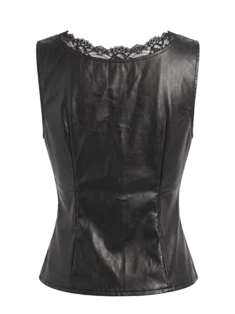 Gilet ajusté noir en cuir PU avec empiècements en dentelle années 1940