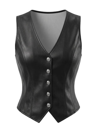 Gilet court noir en similicuir PU à col V et boutons années 1970