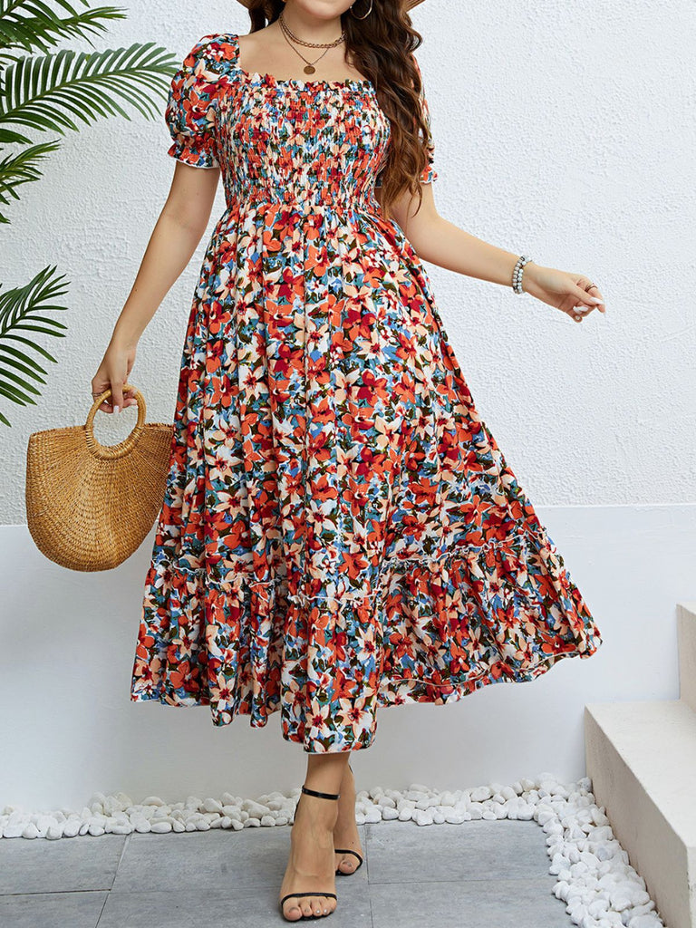 [Grande Taille] Robe à Col Carré avec Volants et Imprimé Floral Années 1940