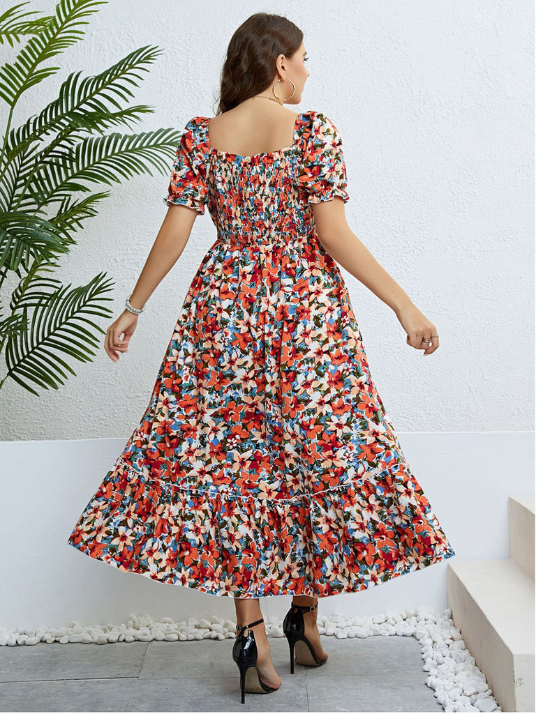 [Grande Taille] Robe à Col Carré avec Volants et Imprimé Floral Années 1940