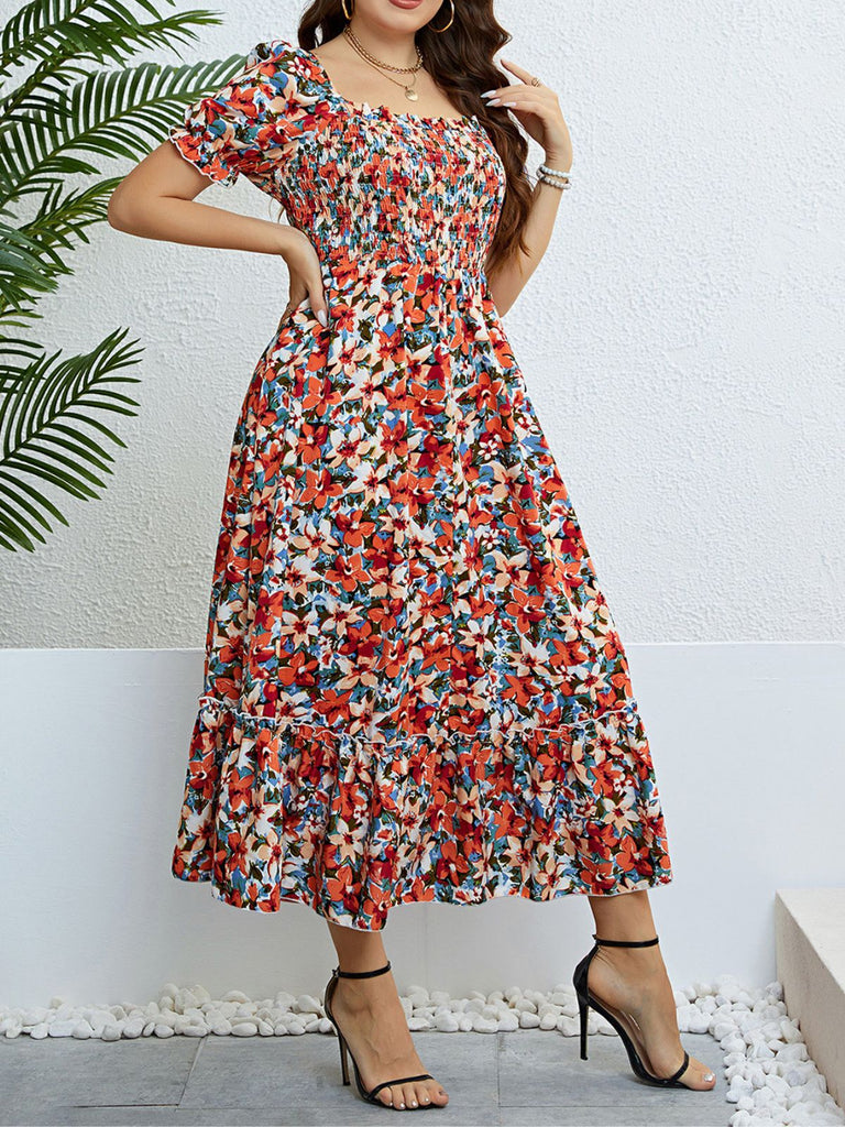 [Grande Taille] Robe à Col Carré avec Volants et Imprimé Floral Années 1940