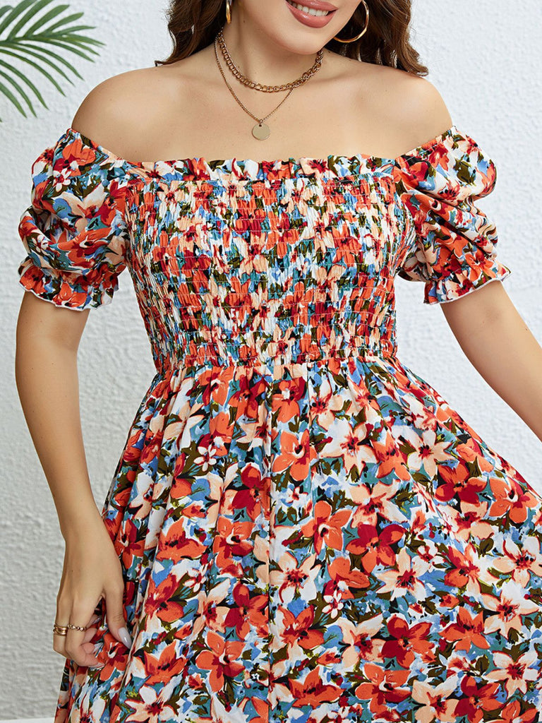 [Grande Taille] Robe à Col Carré avec Volants et Imprimé Floral Années 1940