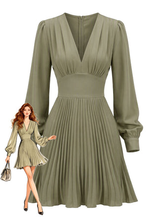 Robe verte unie plissée à col V et manches lanternes Années 1950