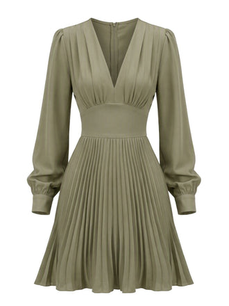 Robe verte unie plissée à col V et manches lanternes Années 1950
