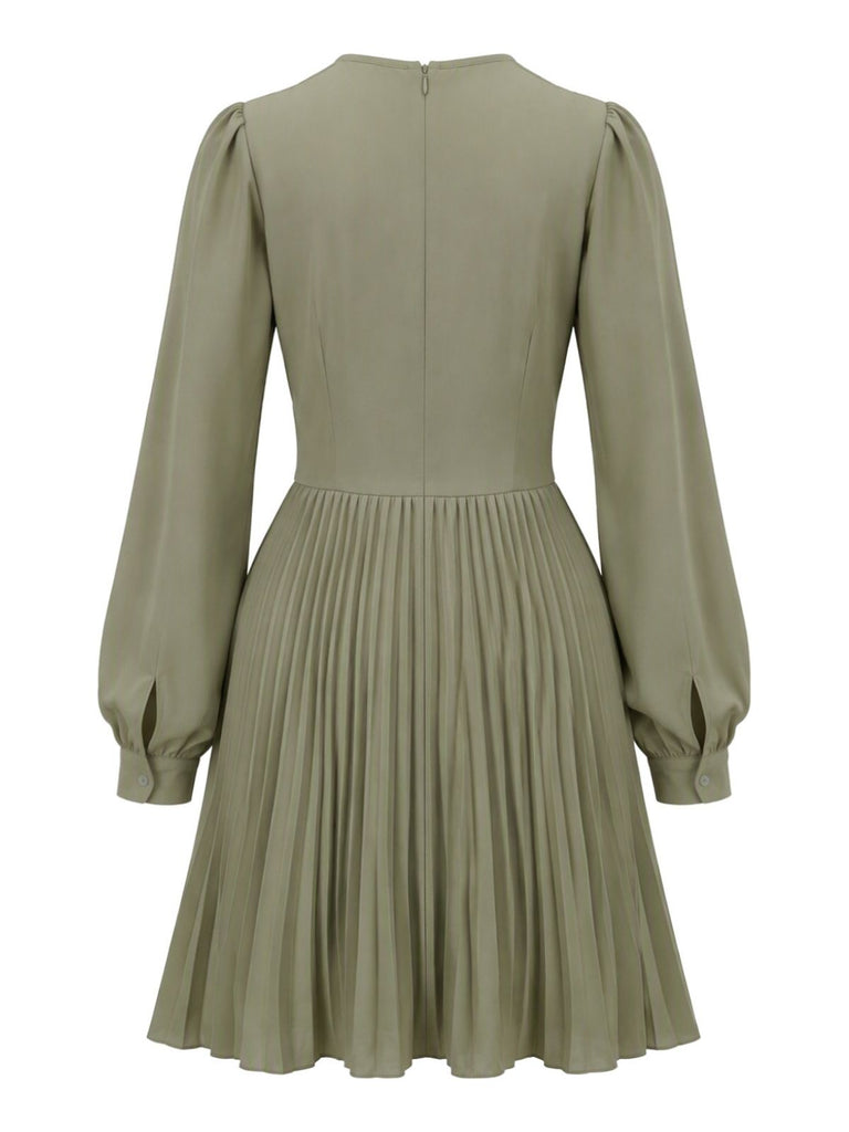 Robe verte unie plissée à col V et manches lanternes Années 1950