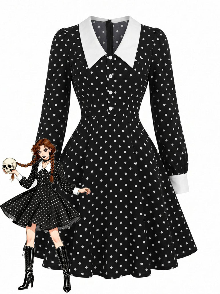 Robe noire à pois, col Chelsea et manches longues années 1950