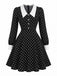 Robe noire à pois, col Chelsea et manches longues années 1950