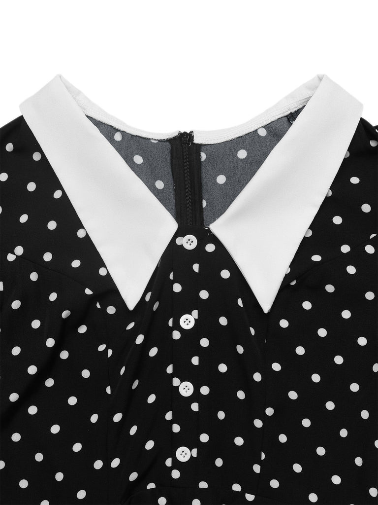 Robe noire à pois, col Chelsea et manches longues années 1950