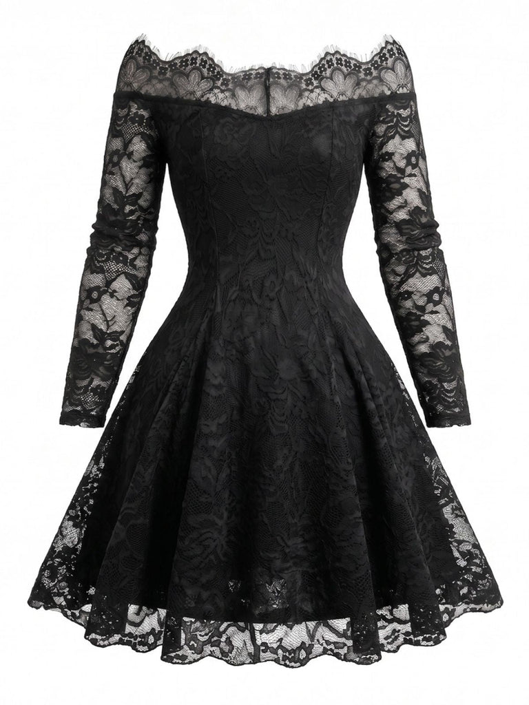 Robe noire à épaules dénudées, dentelle fleurie et effet illusion années 1950