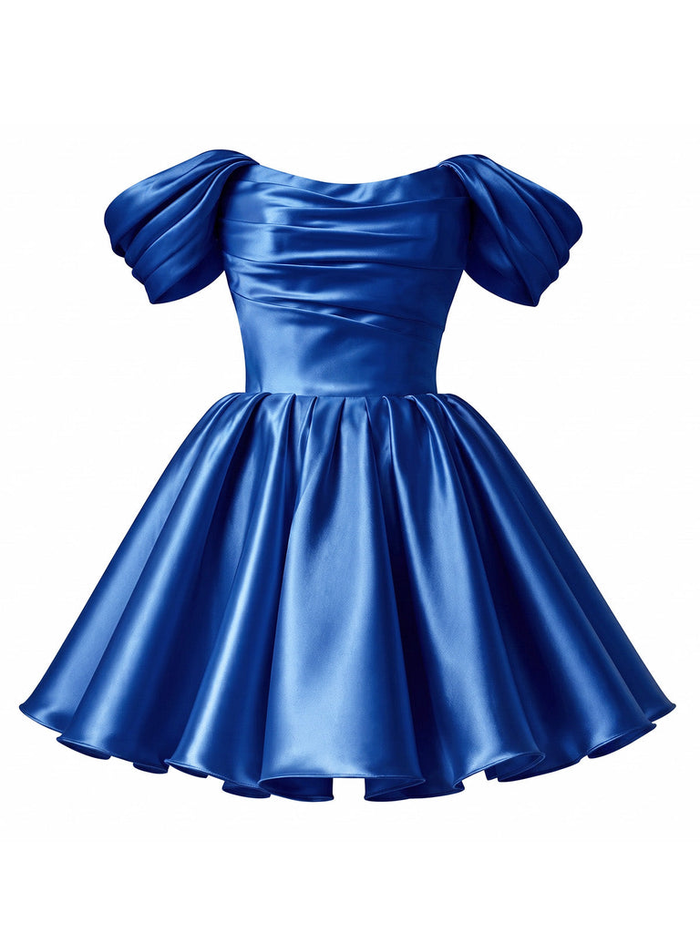 Robe mini princesse bleu royal en satin à manches bouffantes Années 1950