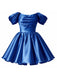 Robe mini princesse bleu royal en satin à manches bouffantes Années 1950