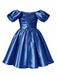 Robe mini princesse bleu royal en satin à manches bouffantes Années 1950