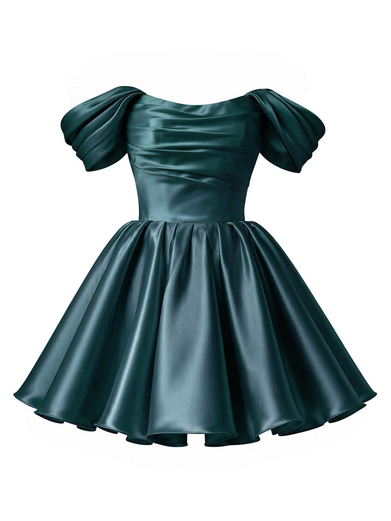 Robe mini princesse bleu royal en satin à manches bouffantes Années 1950