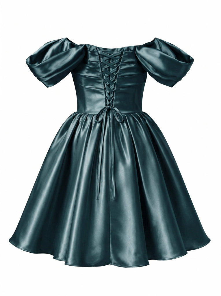 Robe mini princesse bleu royal en satin à manches bouffantes Années 1950