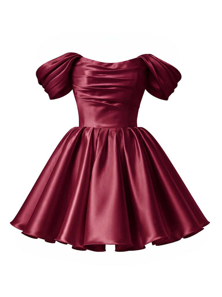 Robe mini princesse bleu royal en satin à manches bouffantes Années 1950