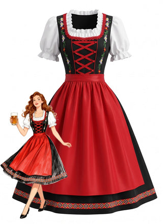 Ensemble 2 pièces rouge avec robe à broderie florale ethnique et tablier années 1950