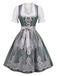 3PCS Robe Gris Vert Floral Col Carré avec Tablier et Blanc Top Années 1950