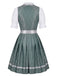 3PCS Robe Gris Vert Floral Col Carré avec Tablier et Blanc Top Années 1950