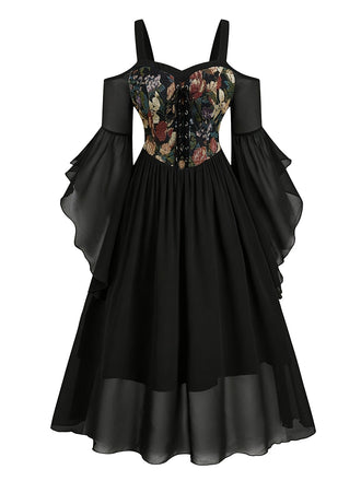 [Grande Taille] Robe florale en tulle à épaules dénudées et manches cloche Années 1980