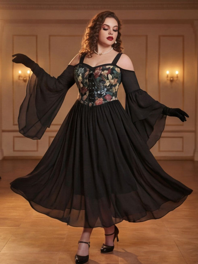 [Grande Taille] Robe florale en tulle à épaules dénudées et manches cloche Années 1980