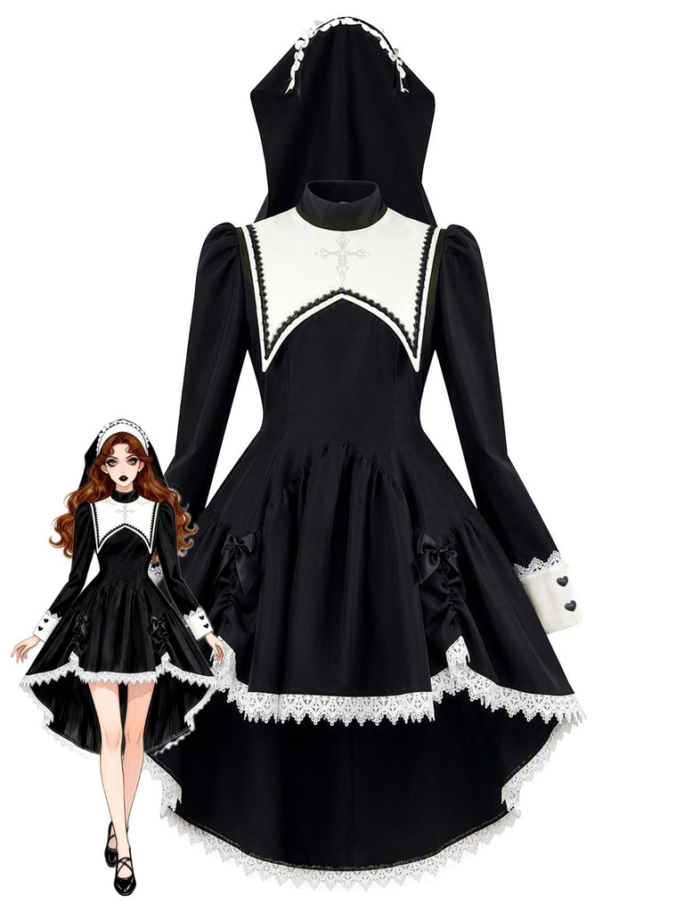 Robe de nonne noire Halloween en dentelle à nœud et capuche Années 1980