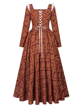 Robe de reine Renaissance Borgia marron clair de style médiéval années 1970