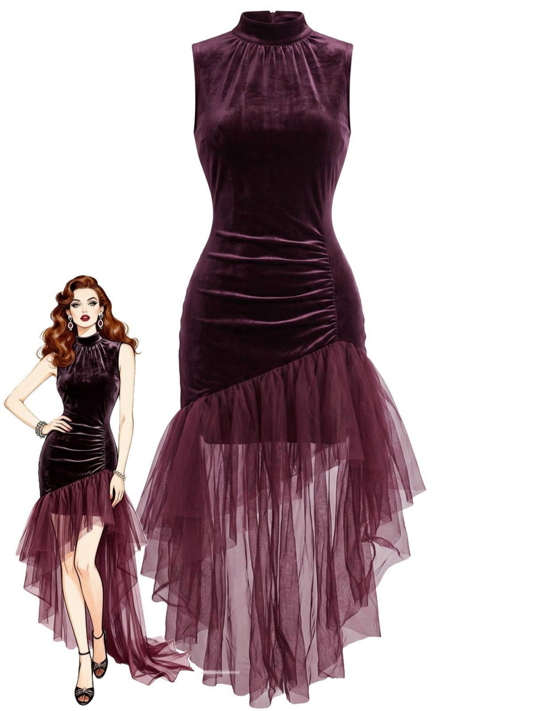 Robe longue prune en velours et tulle asymétrique années 1930