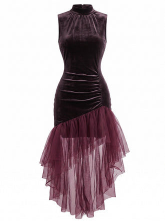 Robe longue prune en velours et tulle, froncée et asymétrique années 1930