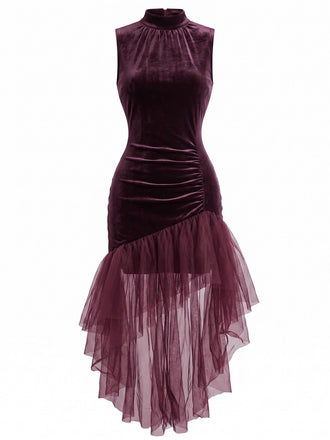 Robe longue prune en velours et tulle asymétrique années 1930