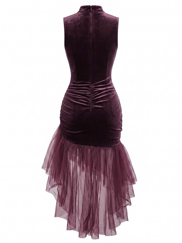 Robe longue prune en velours et tulle asymétrique années 1930