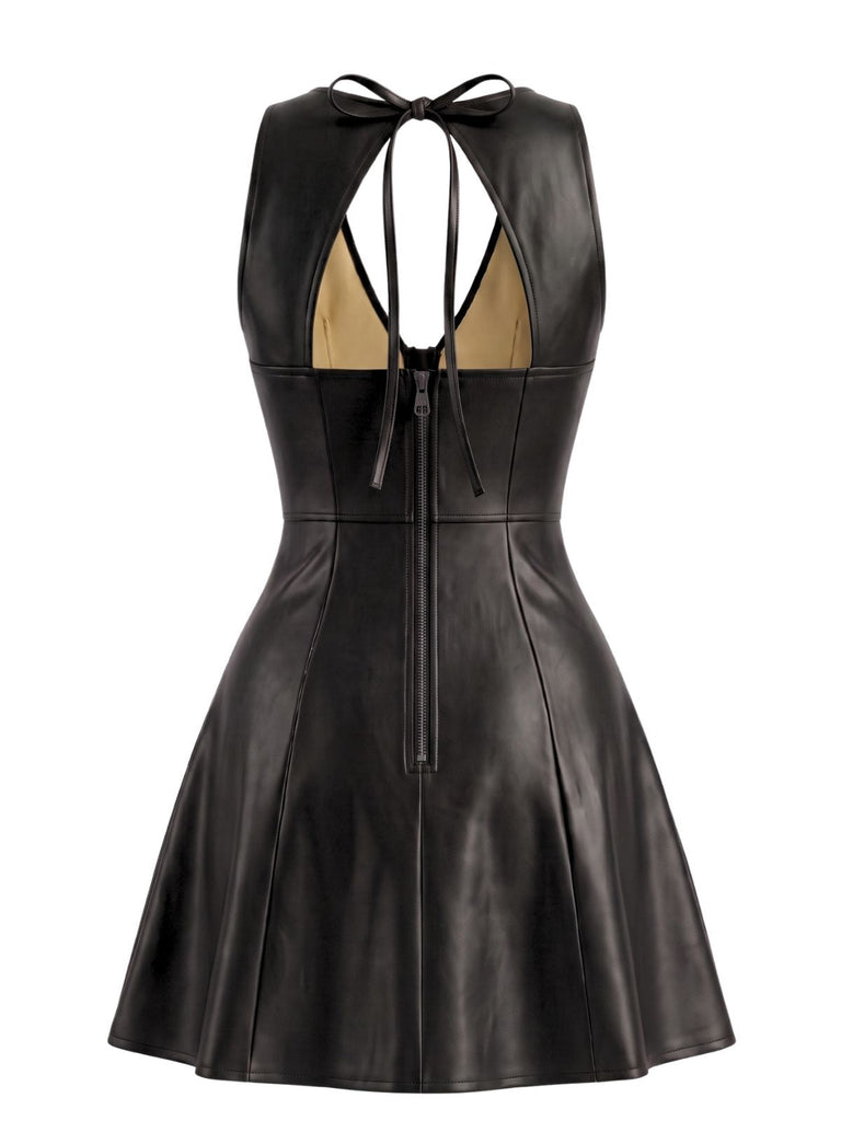 Robe évasée en cuir PU à col V et dos ajouré années 1960
