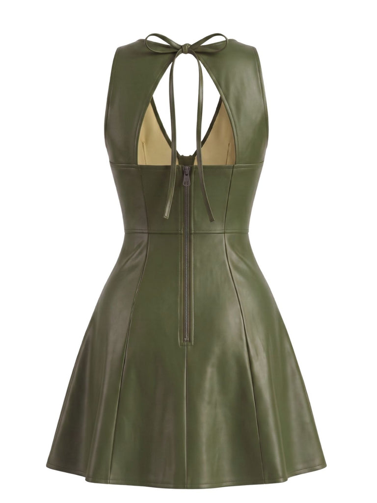 Robe évasée en cuir PU à col V et dos ajouré années 1960