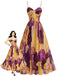 Robe maxi plissée violette et jaune à motif abstrait floral et feuillage Années 1970