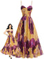 Robe longue plissée violette et jaune motif abstrait de fleurs et feuilles années 70