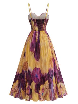 Robe maxi plissée violette et jaune à motif abstrait floral et feuillage Années 1970