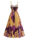 Robe maxi plissée violette et jaune à motif abstrait floral et feuillage Années 1970