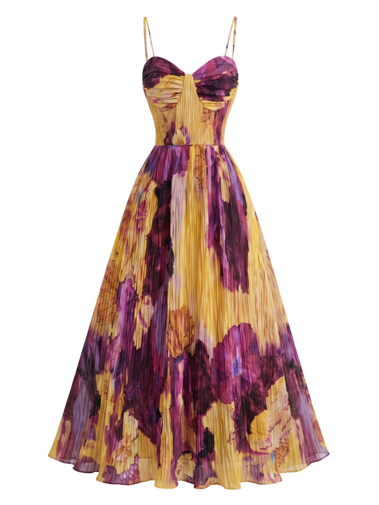 Robe maxi plissée violette et jaune à motif abstrait floral et feuillage Années 1970