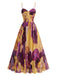 Robe maxi plissée violette et jaune à motif abstrait floral et feuillage Années 1970