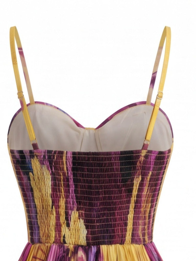 Robe maxi plissée violette et jaune à motif abstrait floral et feuillage Années 1970