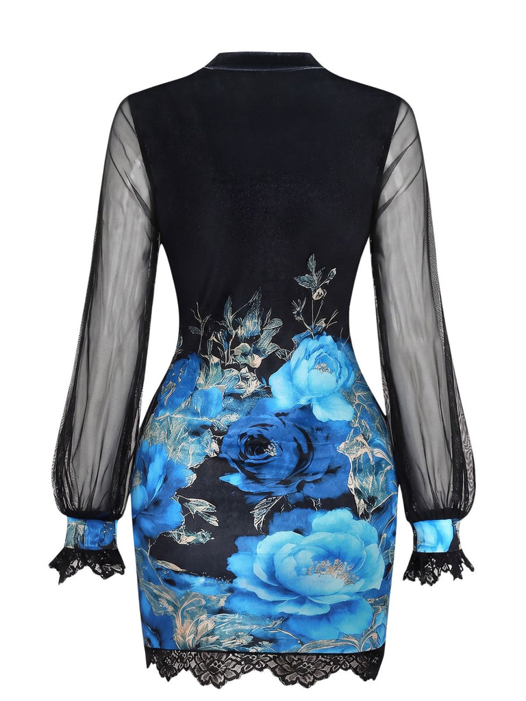 Robe courte à fleurs avec bordure en dentelle et manches lanternes années 1960