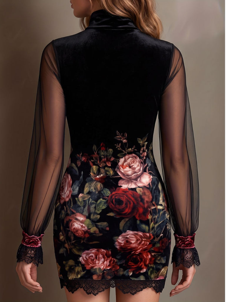 Robe courte à fleurs avec bordure en dentelle et manches lanternes années 1960