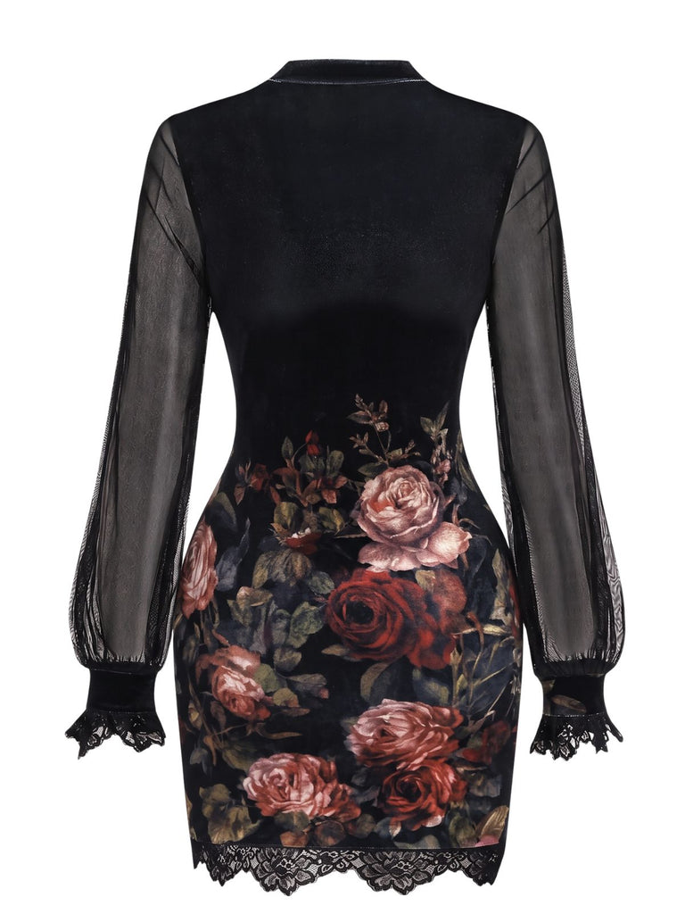 Robe courte à fleurs avec bordure en dentelle et manches lanternes années 1960