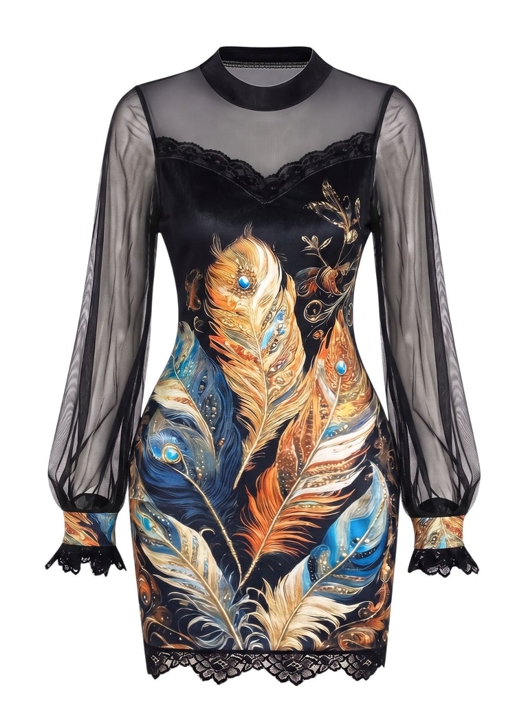 Robe courte à fleurs avec bordure en dentelle et manches lanternes années 1960