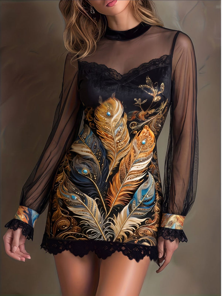 Robe courte à fleurs avec bordure en dentelle et manches lanternes années 1960