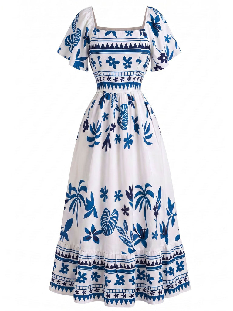 Robe bohème florale à col carré et manches papillon Années 1970